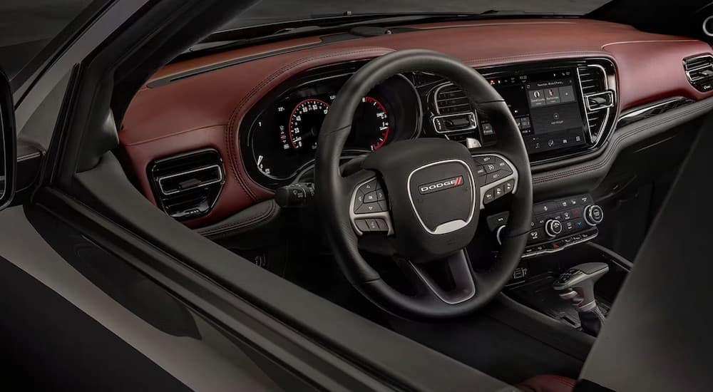 The two-tone leather interior of a 2024 Dodge Durango.