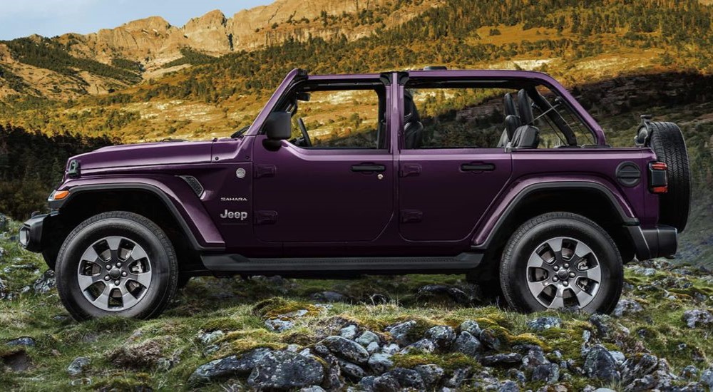 A purple 2024 Jeep Wrangler Sahara is shown at a side angle while parked off-road.